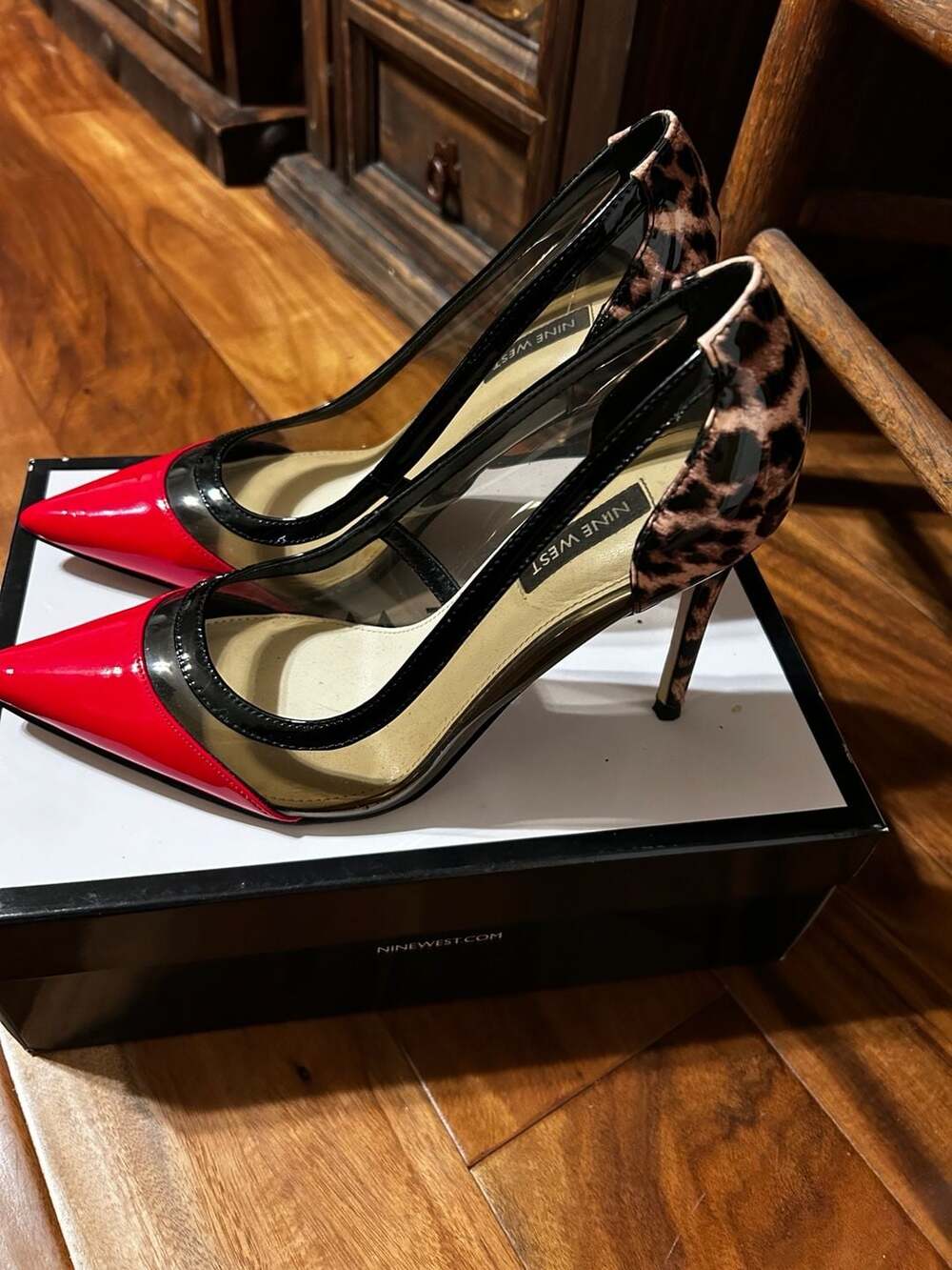 Nine West Clear PVC Red Toe Black Trim Leopard Heel Pumps Size 7.5M